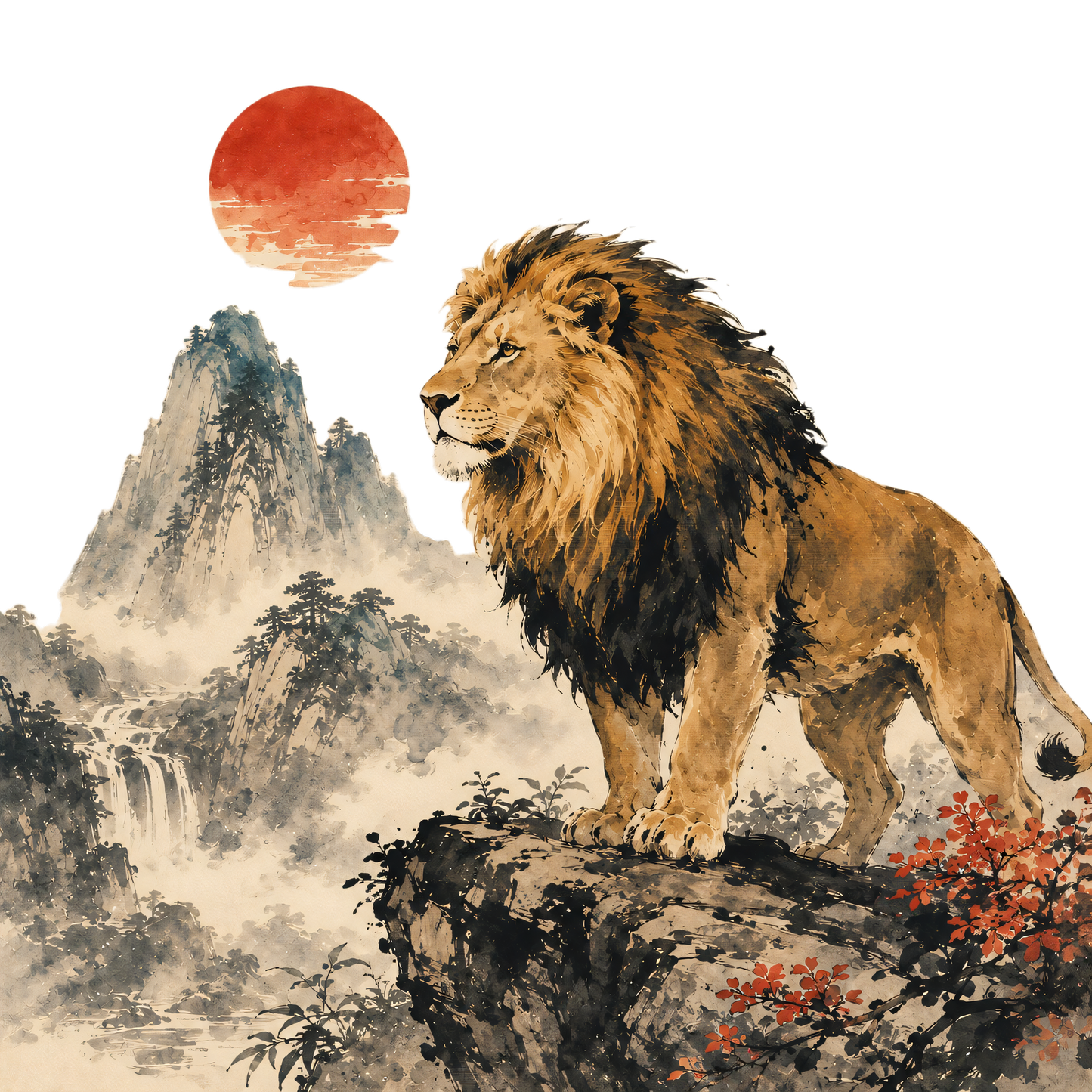 Majestic Lion in Japanese Ink Landscape | Sumi-e Nature Art T-Shirt Design