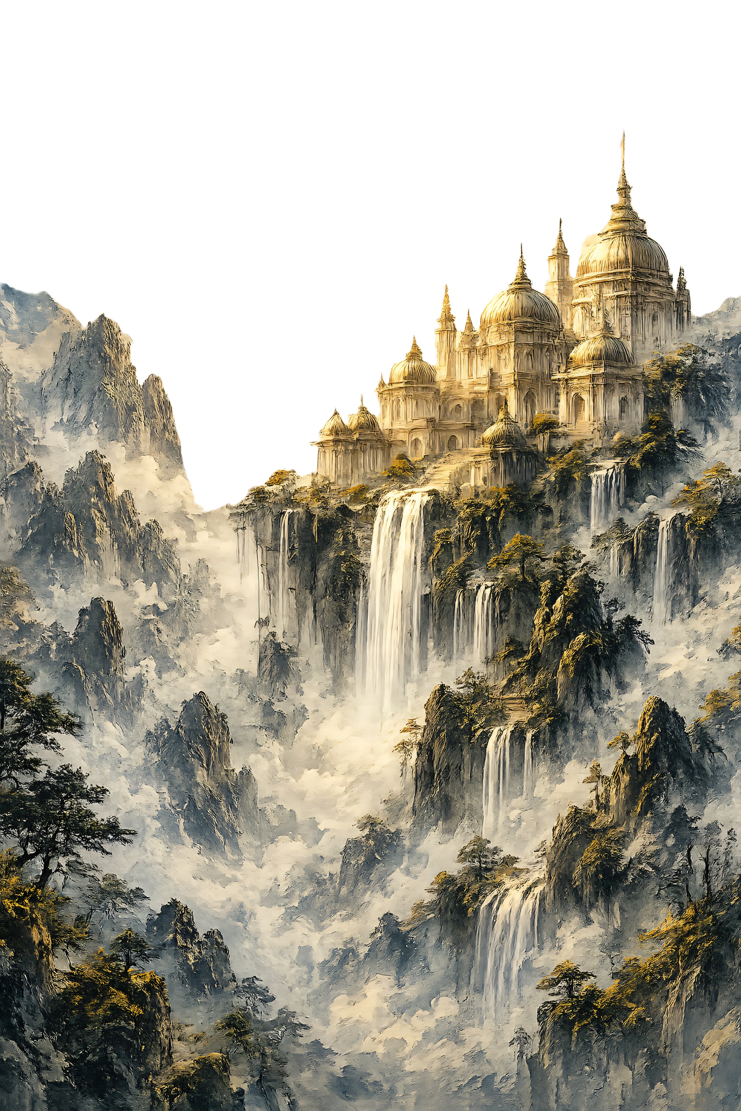 Celestial Waterfall Kingdom — Fantasy Mountain Temple T-Shirt Design