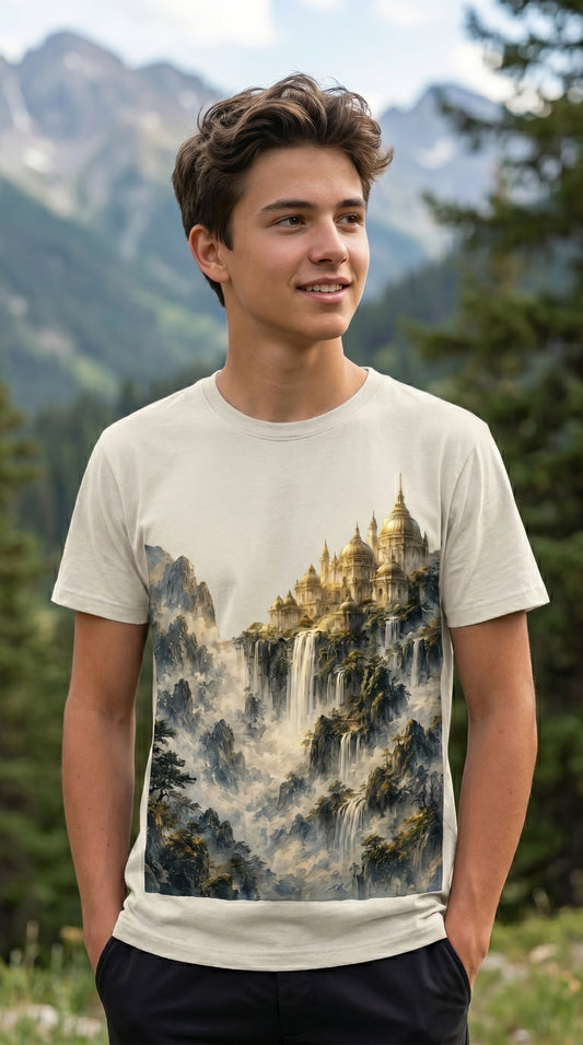 Celestial Waterfall Kingdom — Fantasy Mountain Temple T-Shirt Design