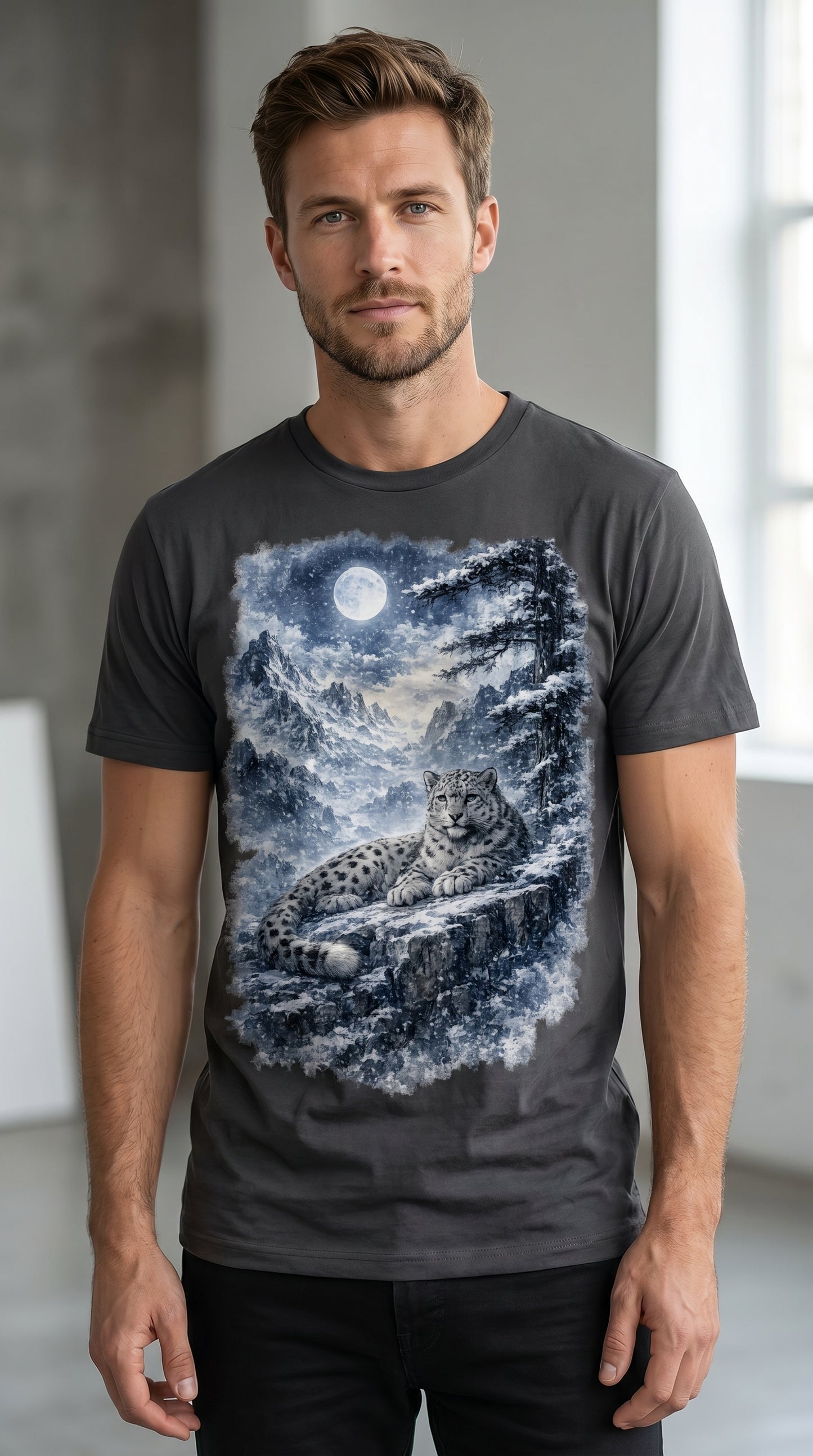 Moonlit Snow Leopard — Mystic Winter Wilderness T-Shirt Design