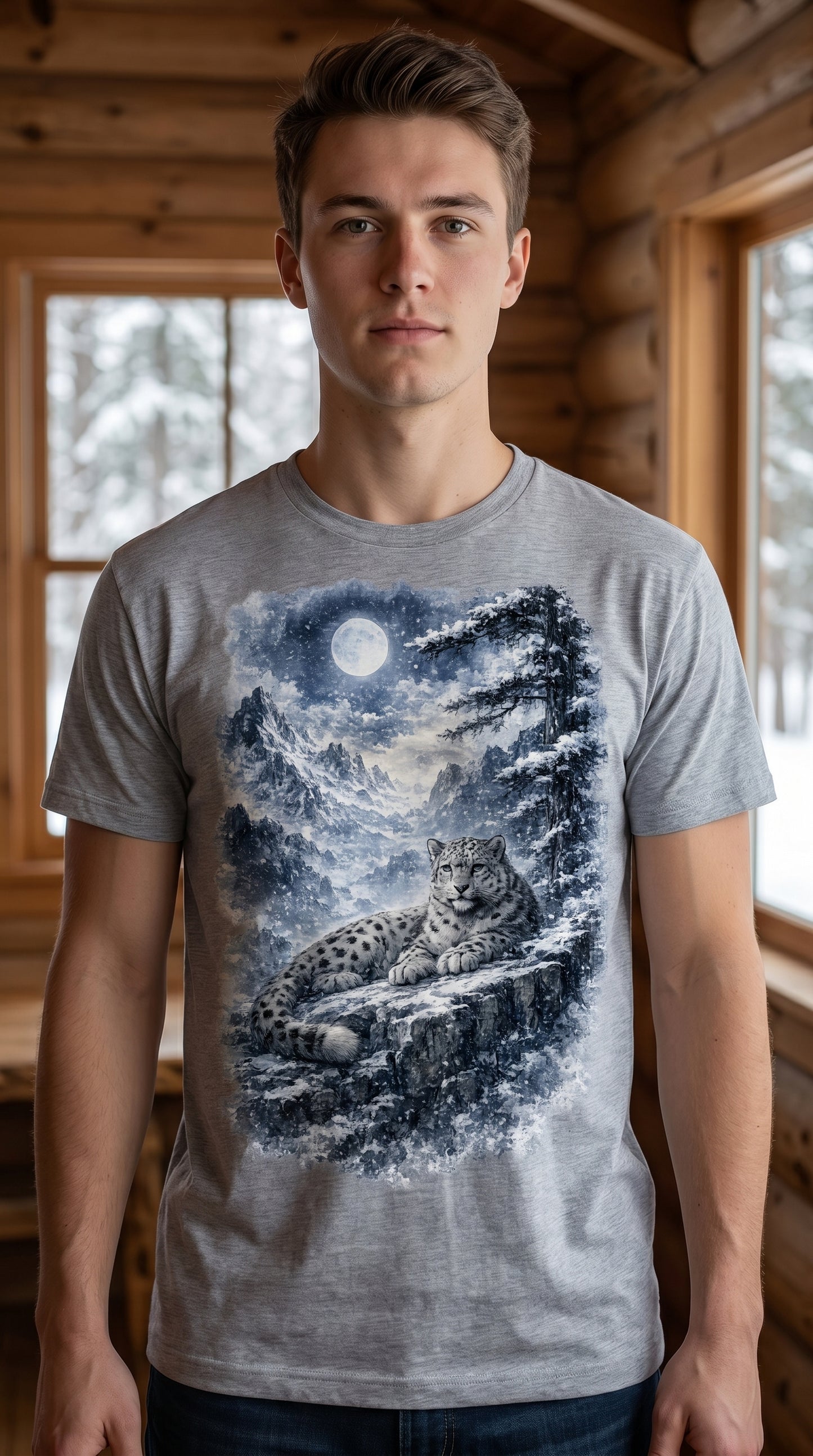 Moonlit Snow Leopard — Mystic Winter Wilderness T-Shirt Design