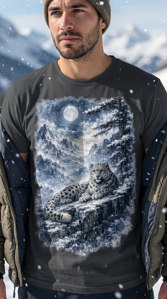 Moonlit Snow Leopard — Mystic Winter Wilderness T-Shirt Design