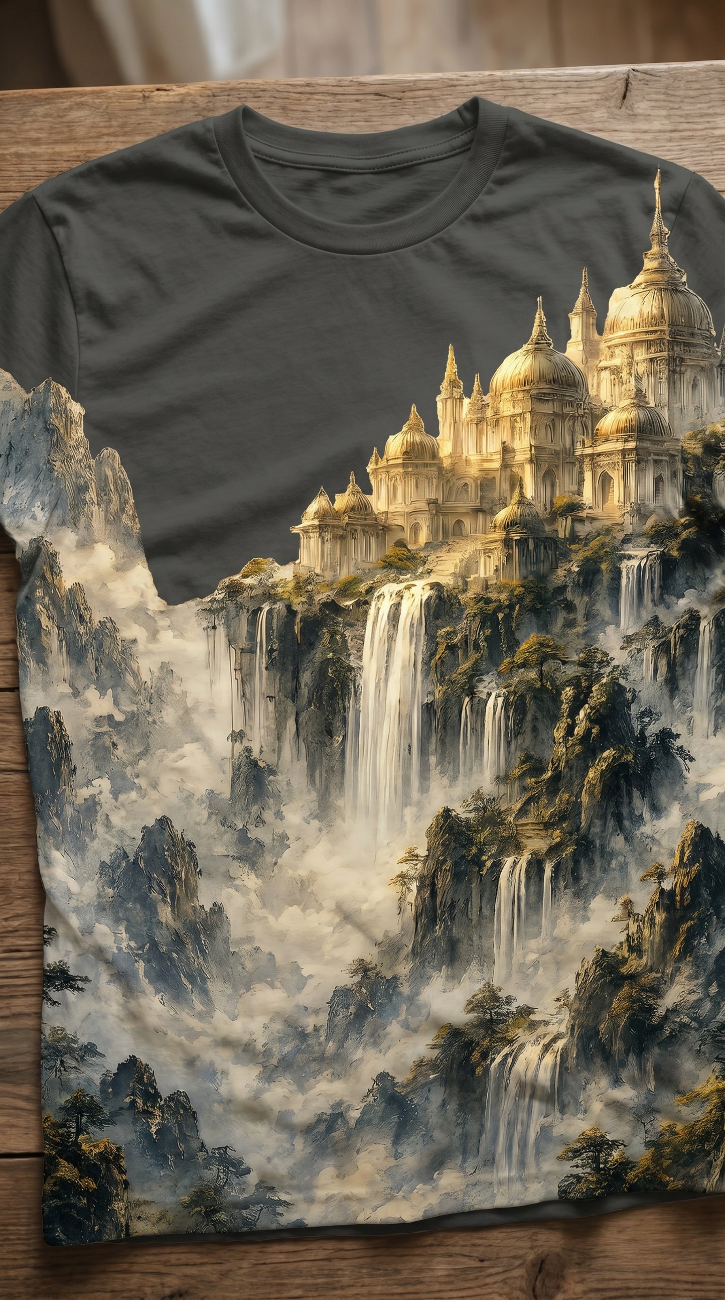 Celestial Waterfall Kingdom — Fantasy Mountain Temple T-Shirt Design
