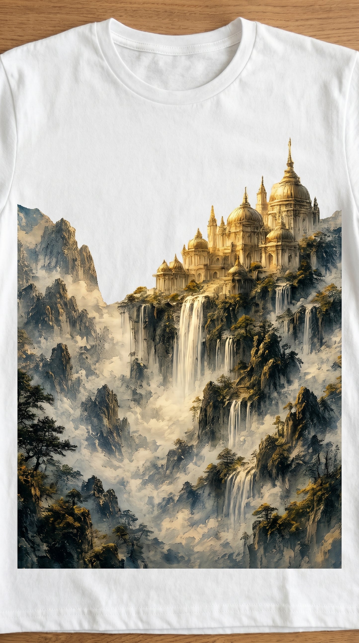 Celestial Waterfall Kingdom — Fantasy Mountain Temple T-Shirt Design