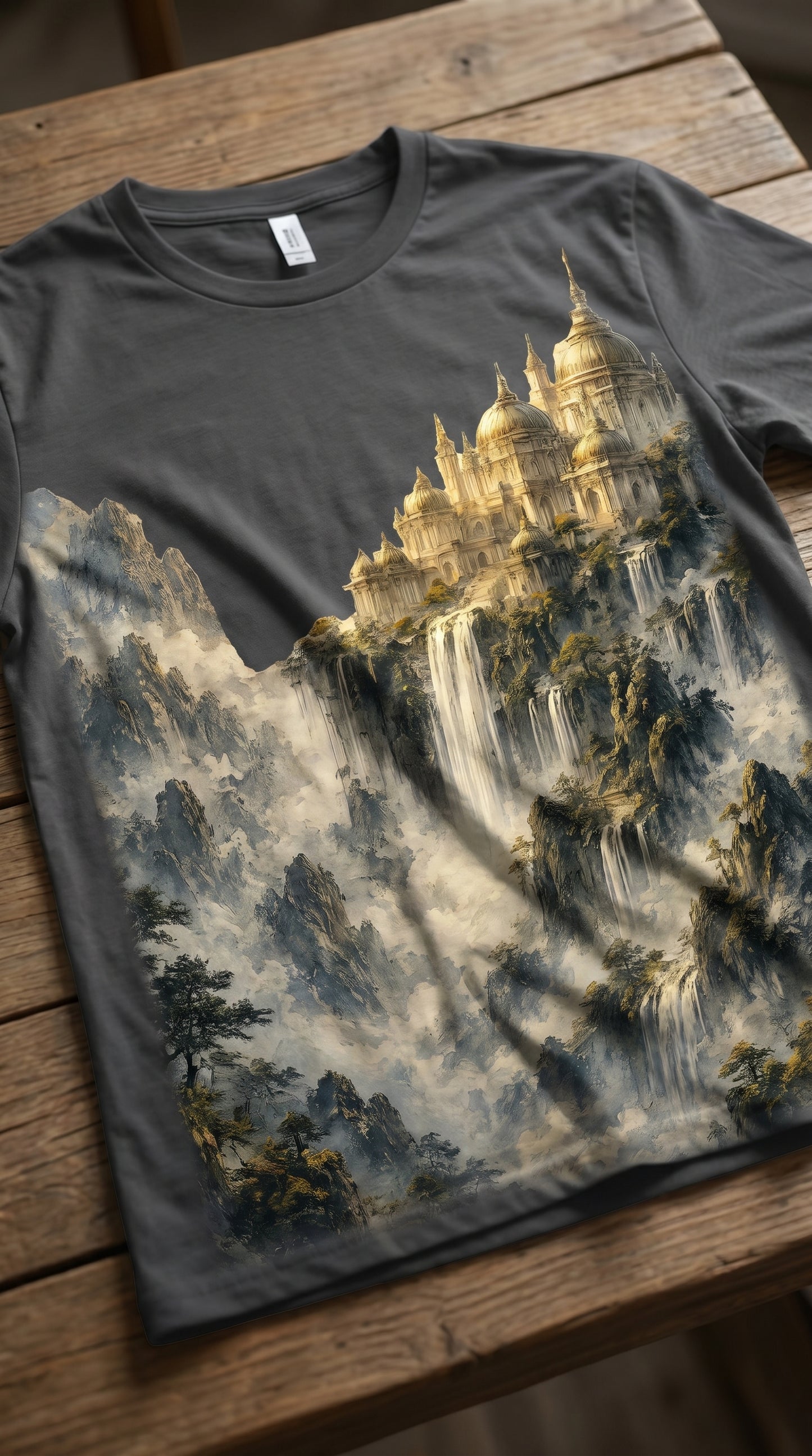 Celestial Waterfall Kingdom — Fantasy Mountain Temple T-Shirt Design