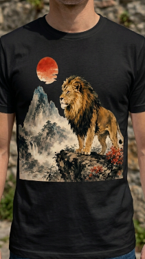 Majestic Lion in Japanese Ink Landscape | Sumi-e Nature Art T-Shirt Design