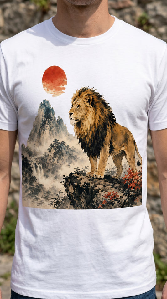 Majestic Lion in Japanese Ink Landscape | Sumi-e Nature Art T-Shirt Design